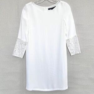 French Connection Ensor Crepe White Lace Shift Dress Lace Trim Sleeves